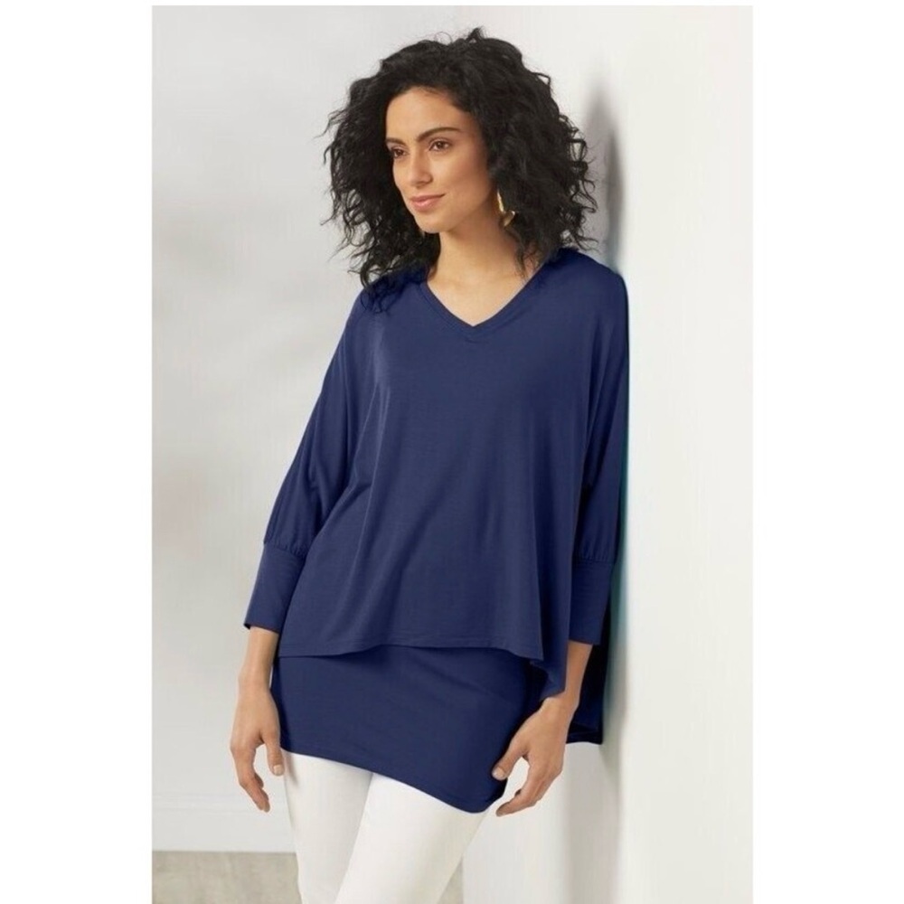 Soft Surroundings Indeevar Top  Size 1X Blue Dolman Sleeve Layered Knit Tunic
